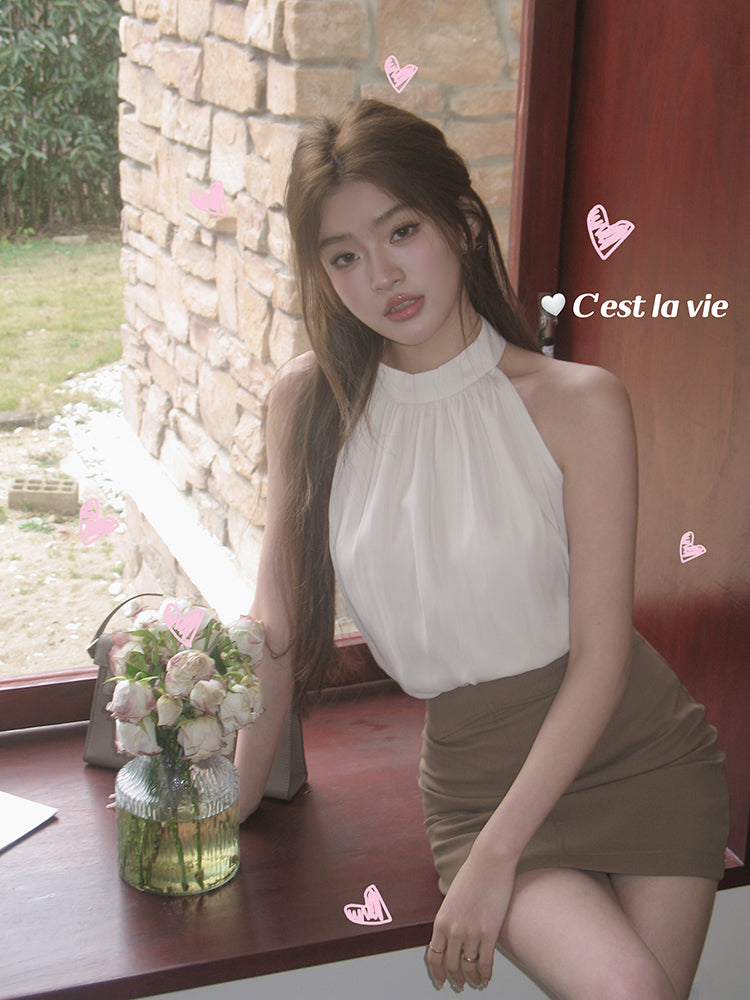 💕夏季溫柔掛脖無袖露肩吊帶背心上衣