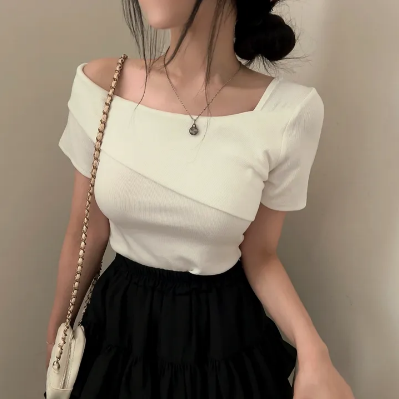 💕韓系chic修身氣質顯瘦斜肩上衣