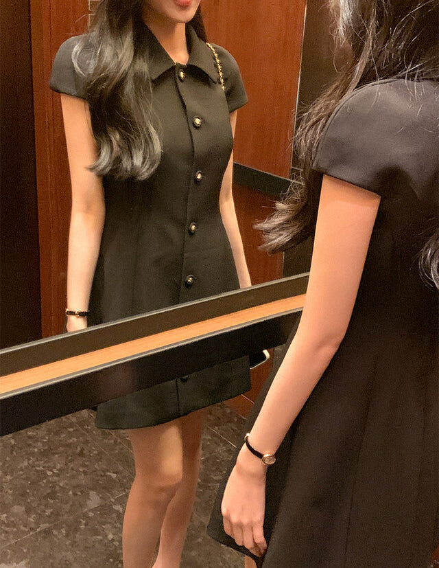 💕韓系氣質小香風翻領收腰小黑裙