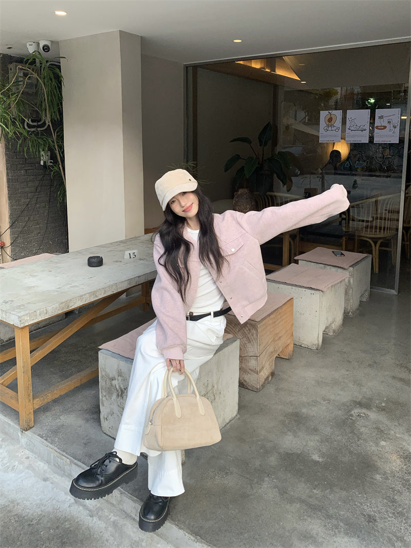 💕韓系通勤粉色棒球短款毛呢外套
