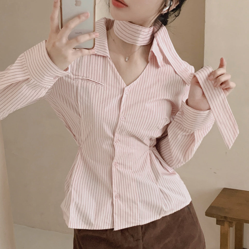 💕韓系小眾V領飄帶收腰百搭條紋上衣