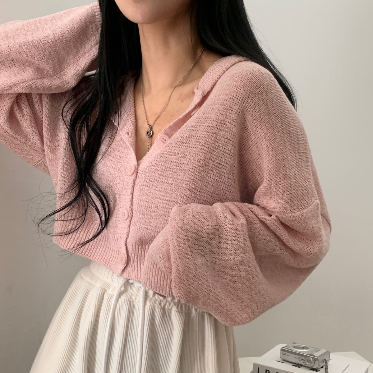 💕韓系慵懶冰絲薄款短燈籠袖連帽針織外套