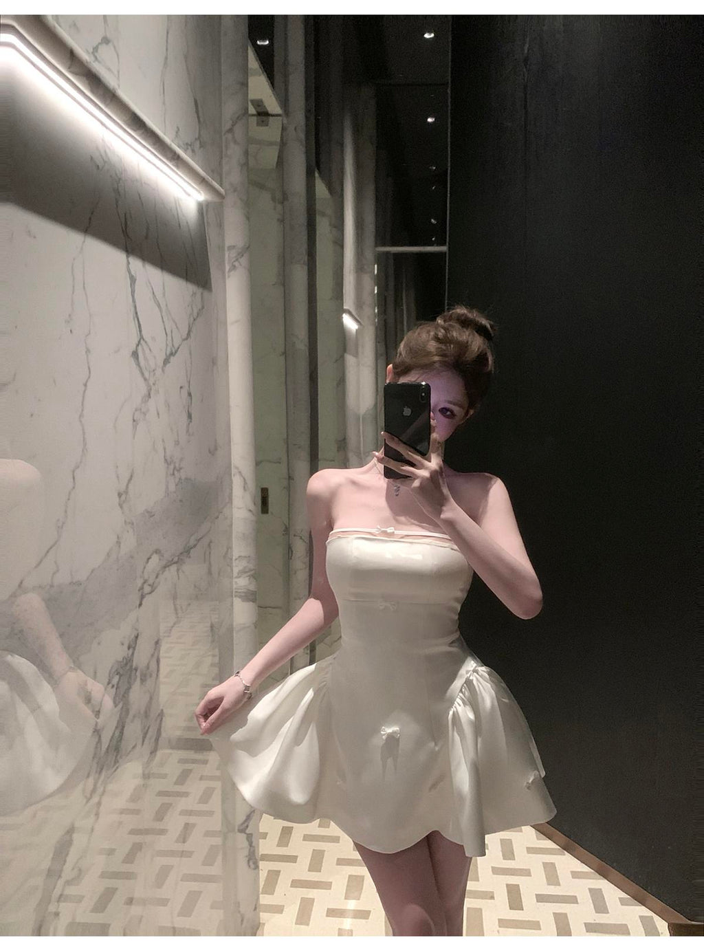 💕簡約氣質名媛緞面抹胸蝴蝶結連身裙