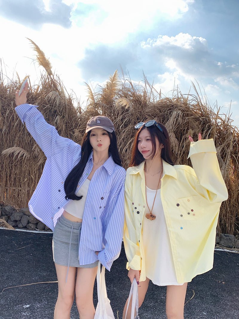 💕青春寬鬆百搭別緻彩色鈕扣條紋襯衫