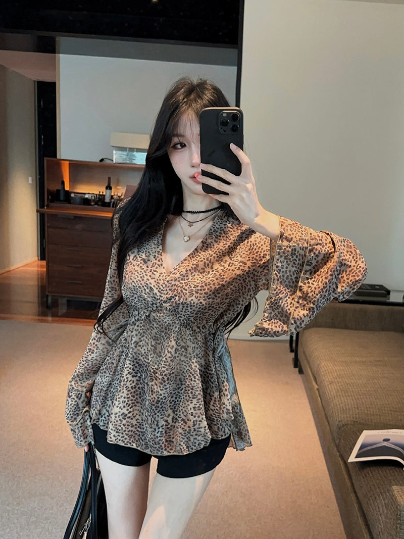 💕復古高級豹紋V領寬鬆百搭雪紡襯衫