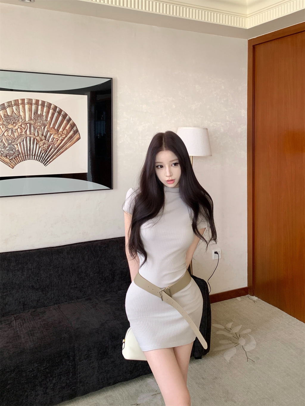 💕韓系法式高級感半高領短袖連衣裙