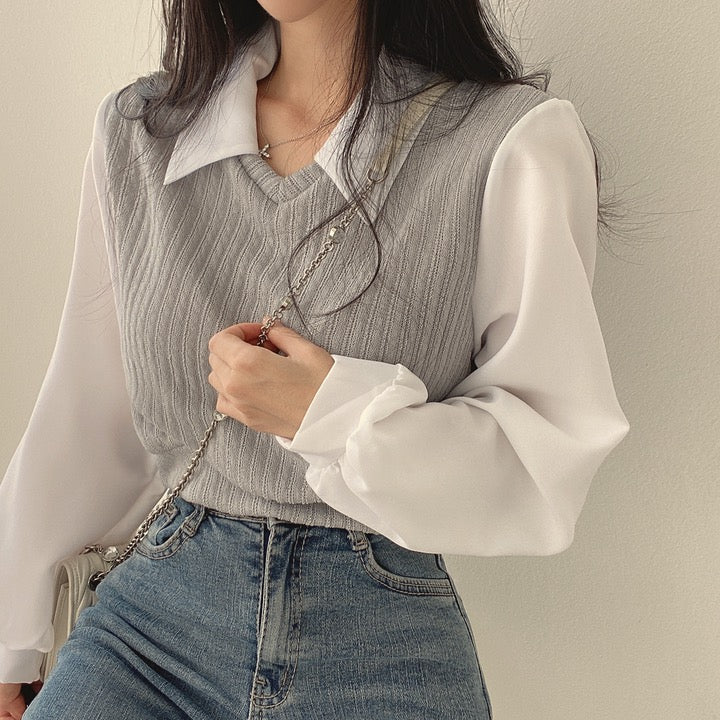 💕chic韓系假兩件拼接襯衫上衣