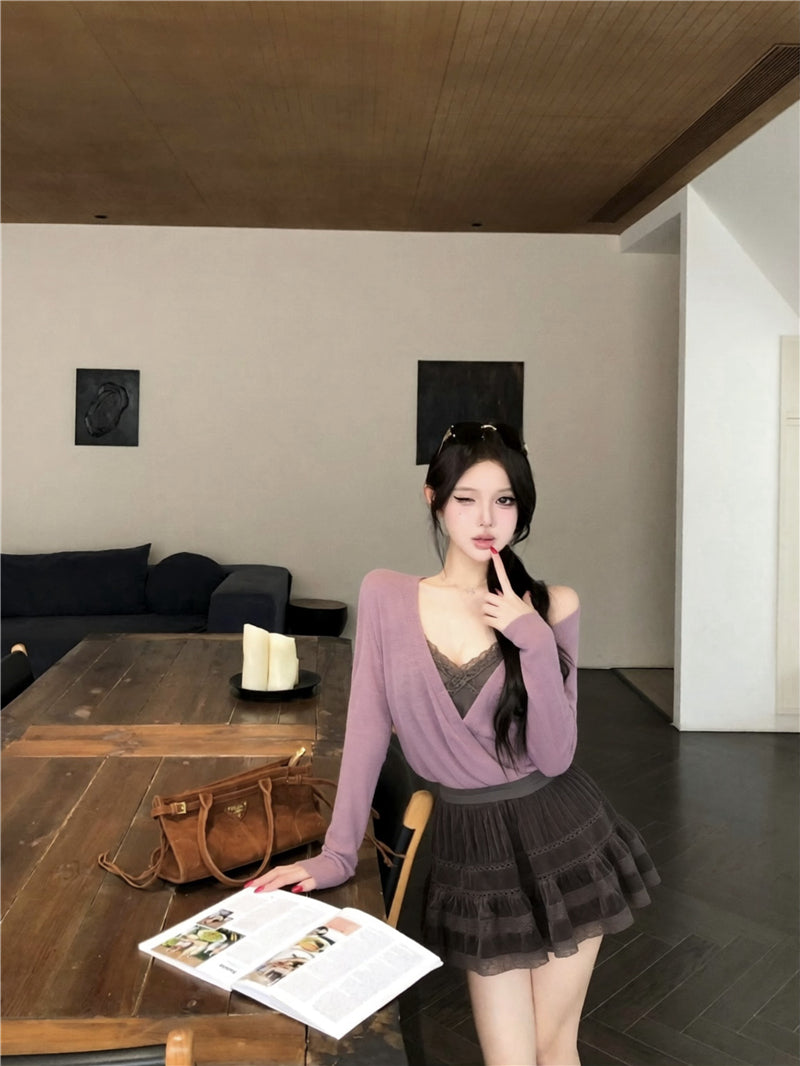 💕甜美純欲交叉設計感開衫內搭吊帶三件套