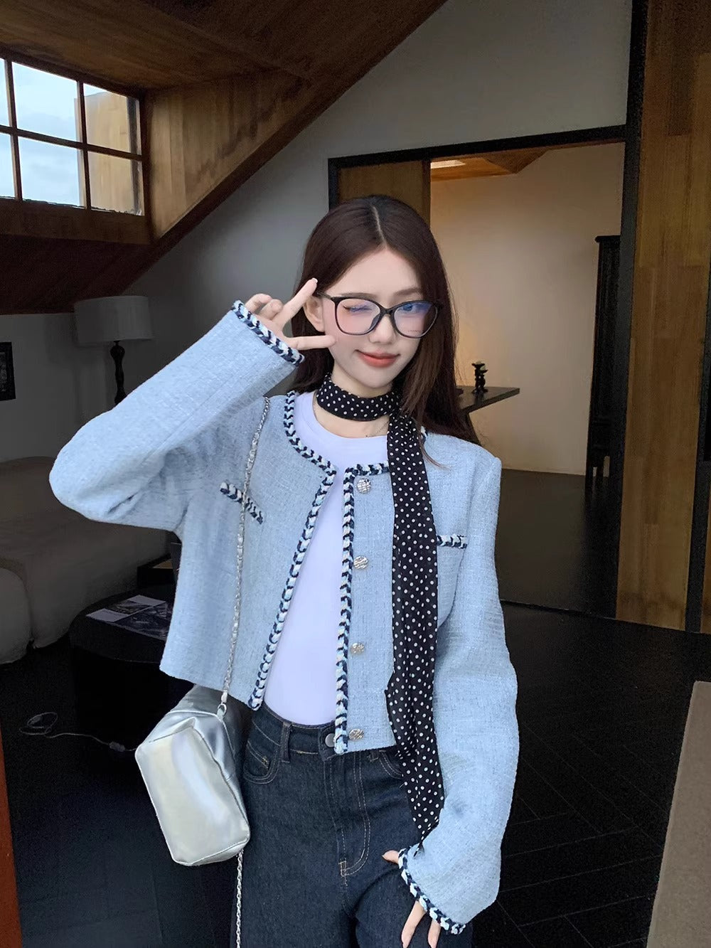 💕名媛小香風粗花呢短款長袖精緻外套
