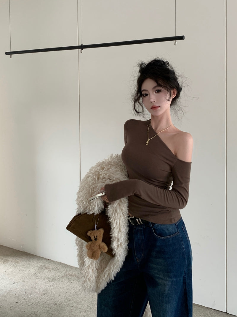 💕純欲性感不規則露肩黑色長袖斜肩上衣