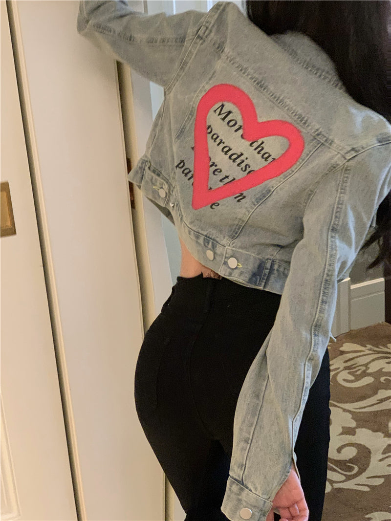💕美式甜酷塗鴉字母印花短款夾克牛仔外套