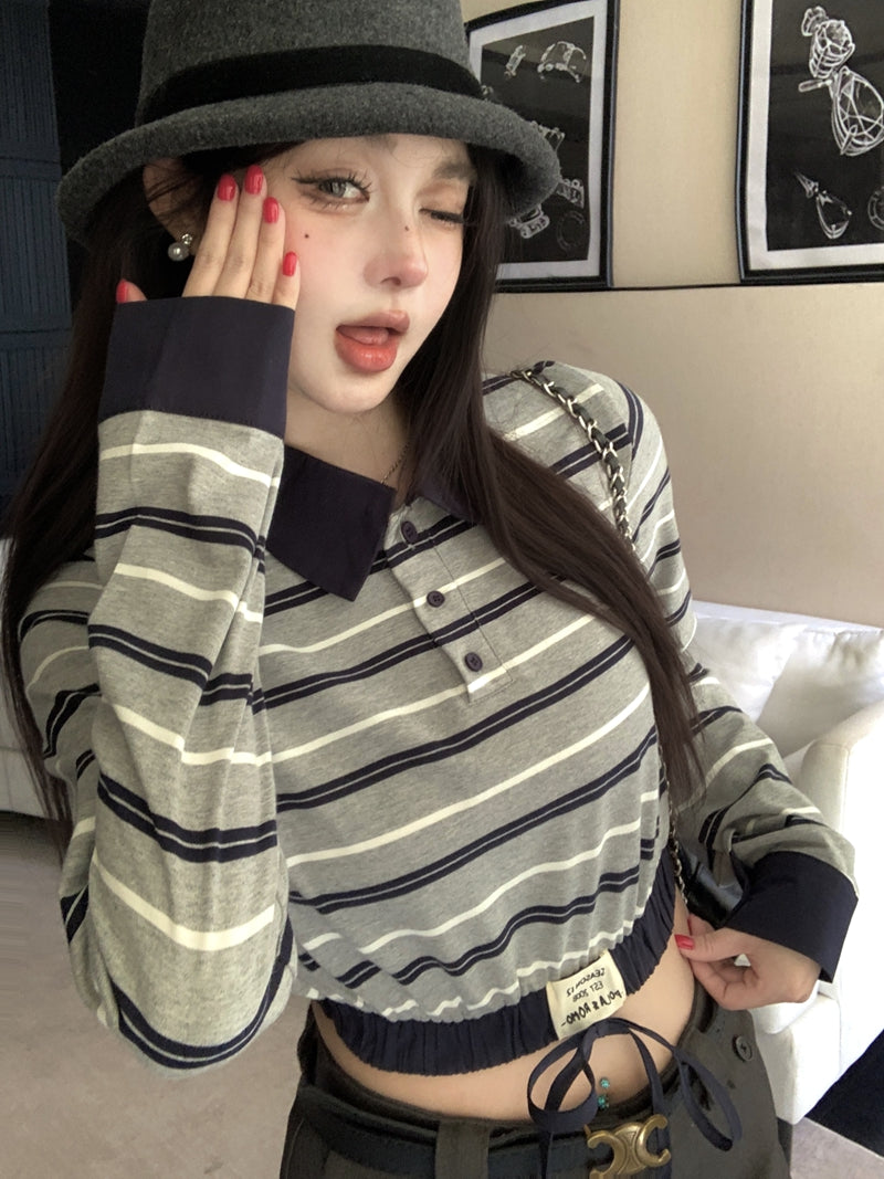 💕復古時尚撞色條紋拼接POLO長袖上衣