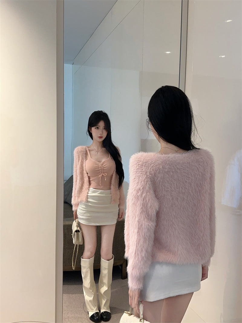 💕法式仿貂毛V領針織吊帶兩件套