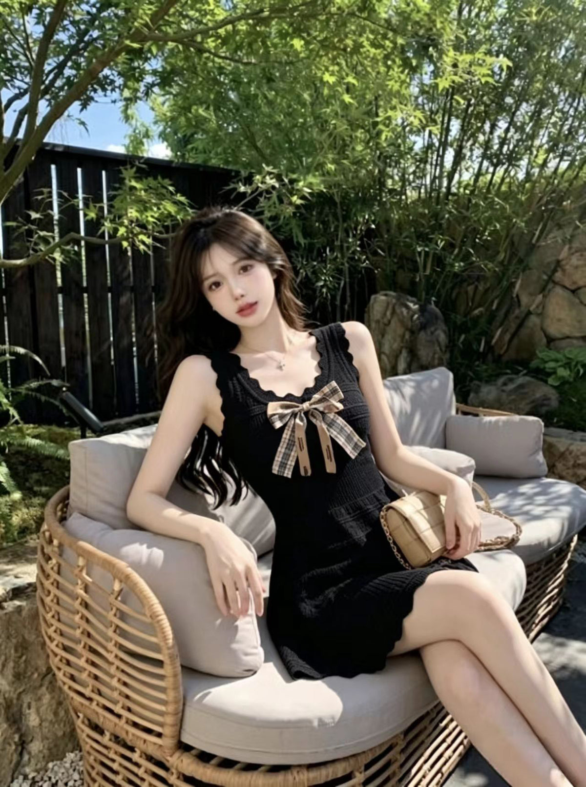 💕純欲性感蝴蝶結收腰吊帶連衣裙