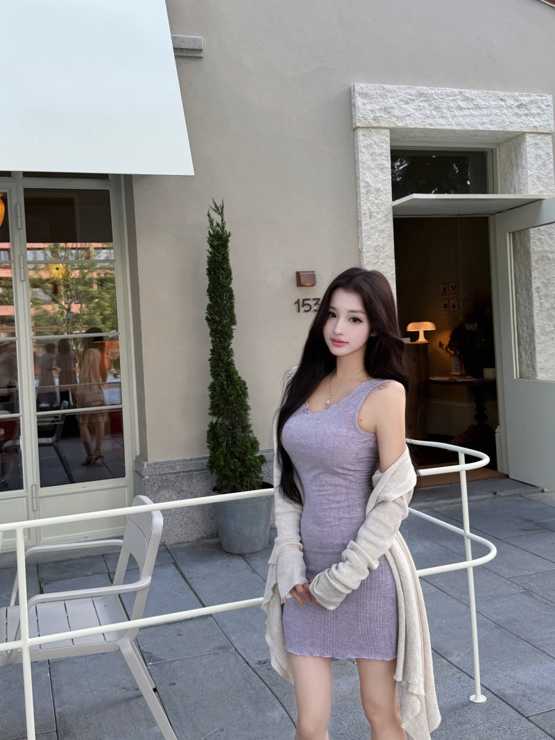 💕簡約百搭圓領吊帶收腰包臀連身裙+開衫