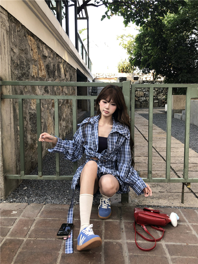 💕藍調風復古格紋襯衫短款褲裙兩件套