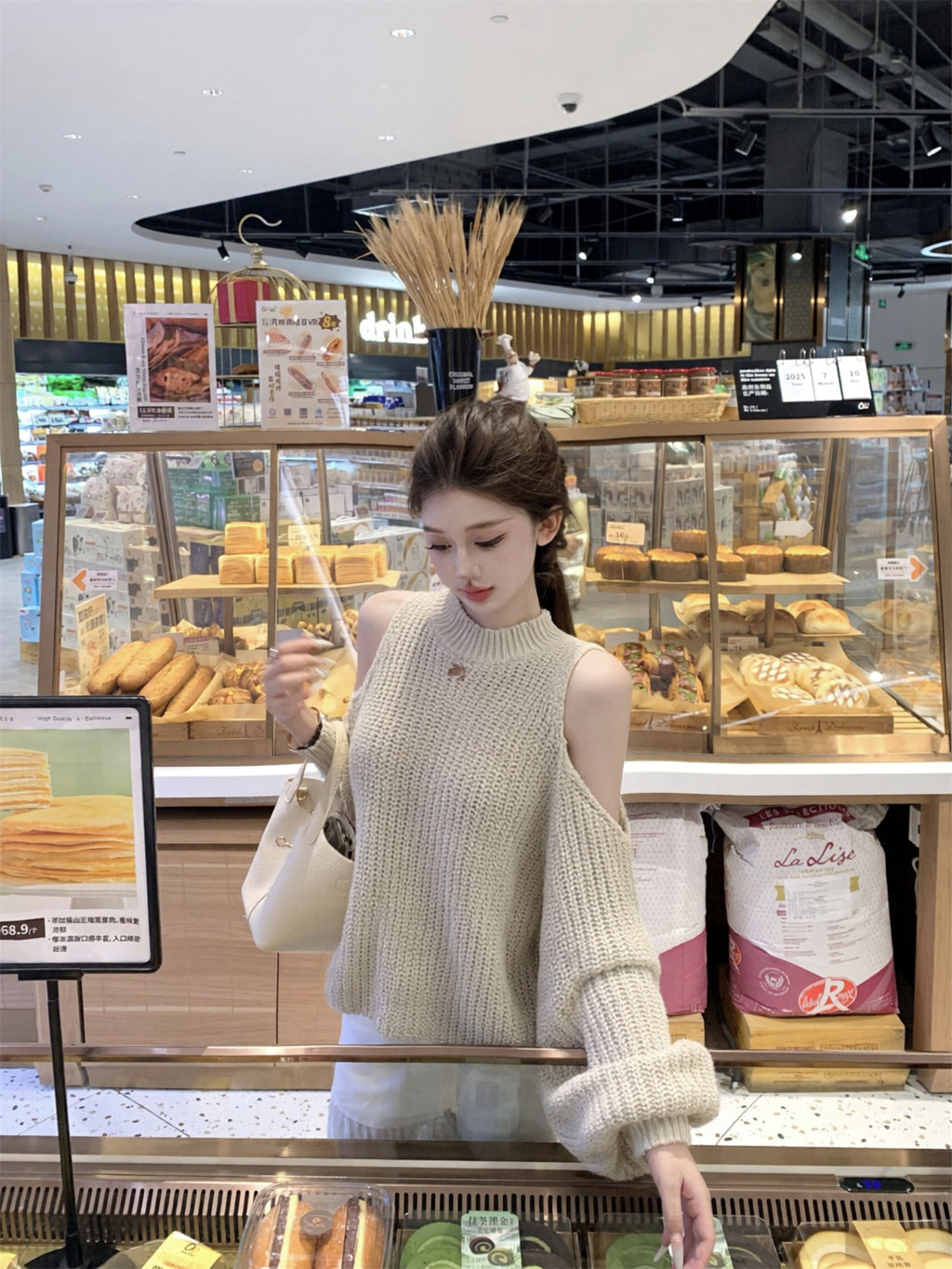 💕韓系掛脖露肩長袖針織復古慵懶毛衣