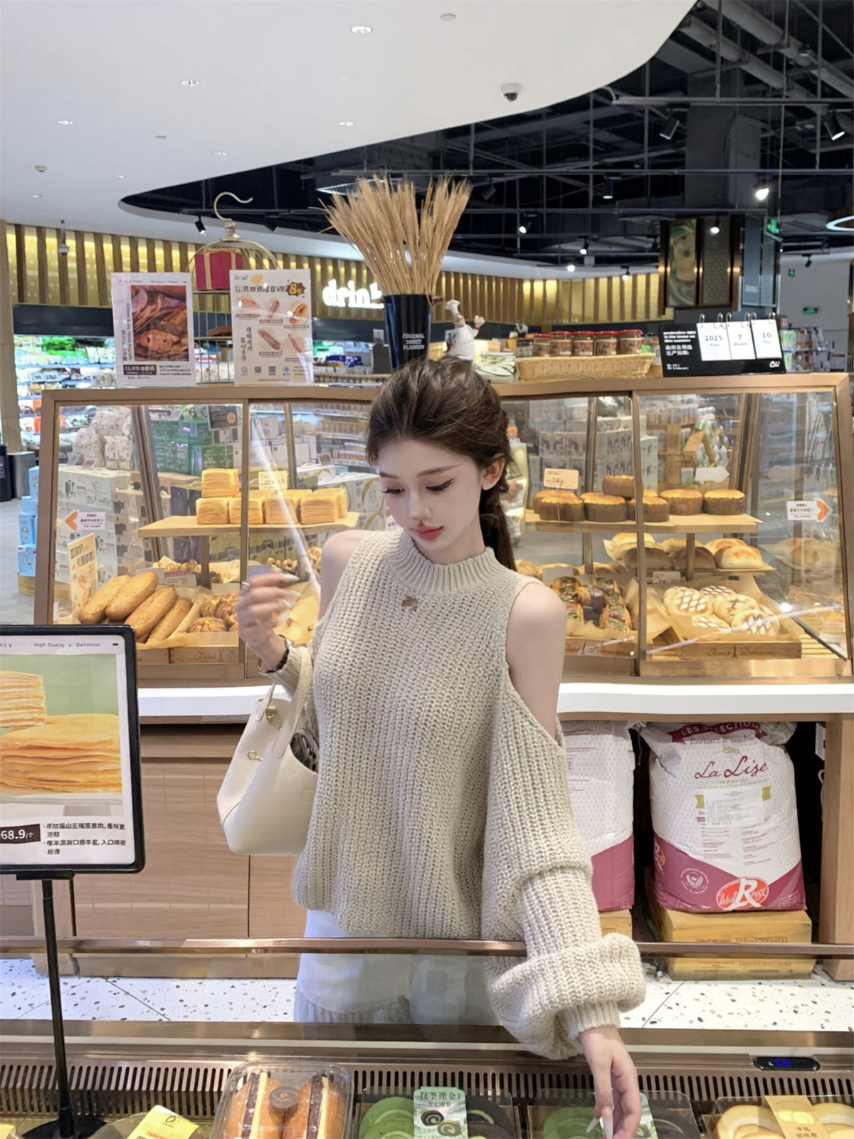 💕韓系掛脖露肩長袖針織復古慵懶毛衣