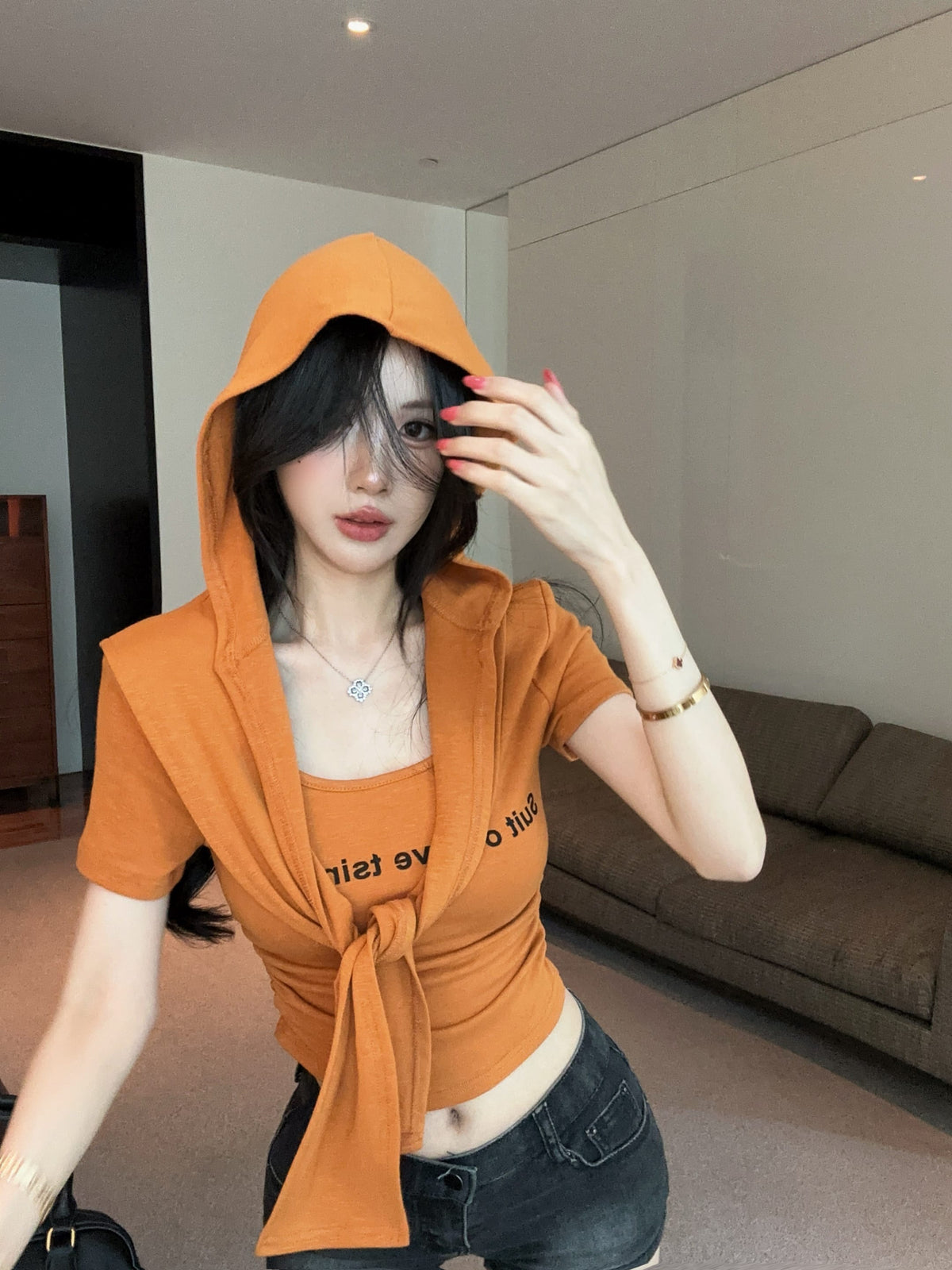 💕夏季時尚百搭圓領連帽披肩兩件套