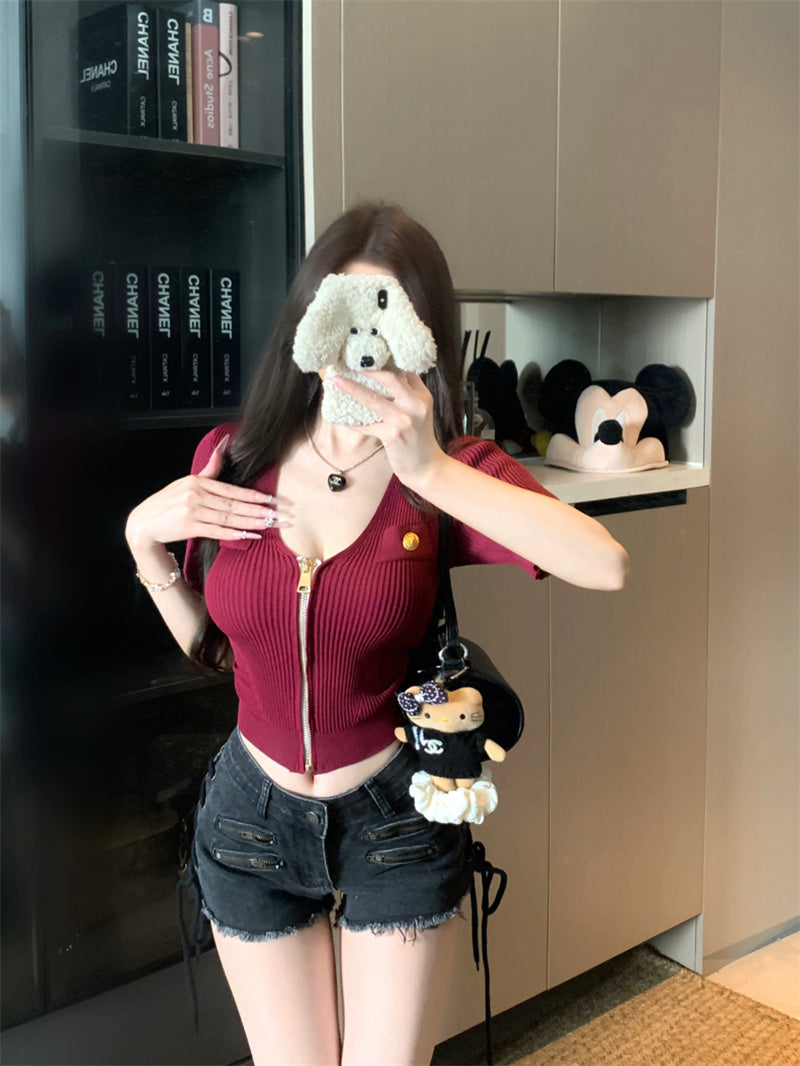 💕法式性感U領短袖拉鍊針織上衣