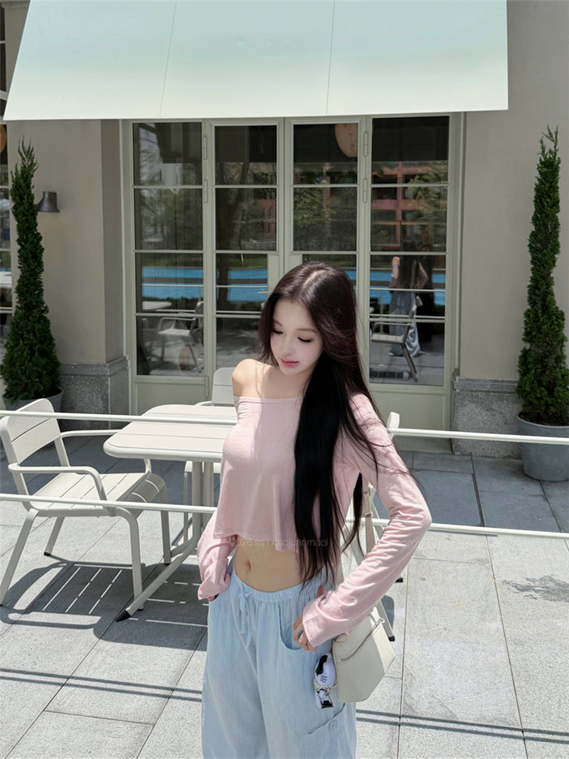 💕溫柔懶人斜肩長袖短款露臍上衣&條紋寬褲兩件套