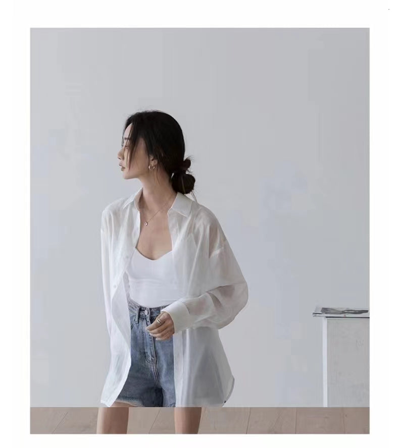 💕夏季天絲小眾薄款開衩防曬襯衫