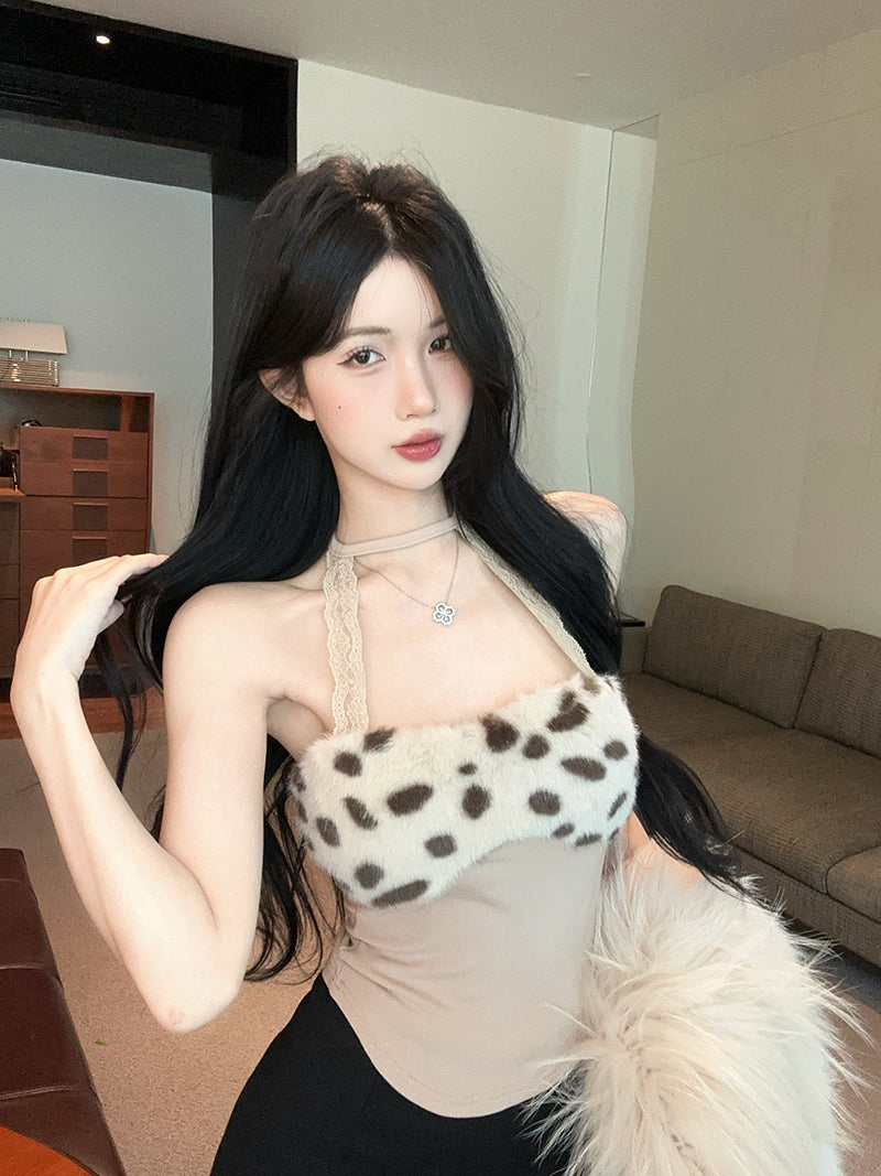 💕蕾絲掛脖拼接毛絨絨短款背心