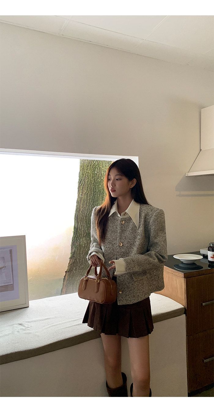 💕韓系秋冬假兩件拼接小香風加墊肩外套