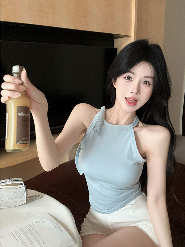 💕法式優雅飄帶蝴蝶結短版上衣