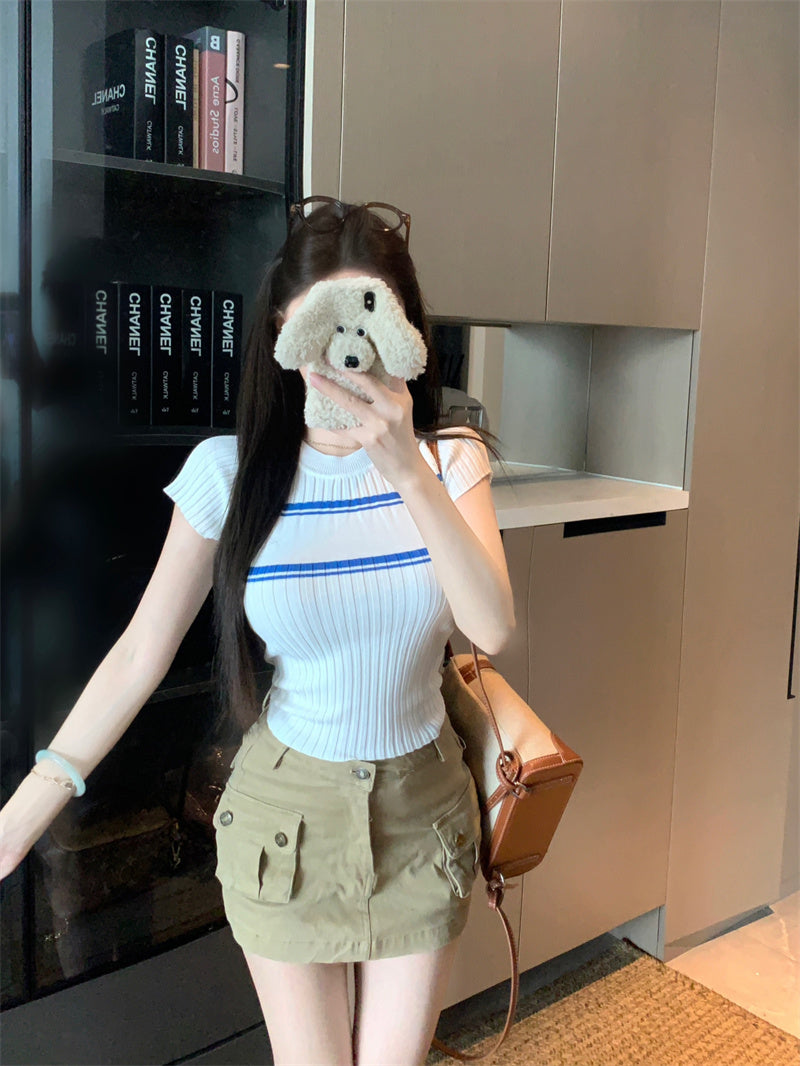 💕撞色條紋短袖針織圓領上衣