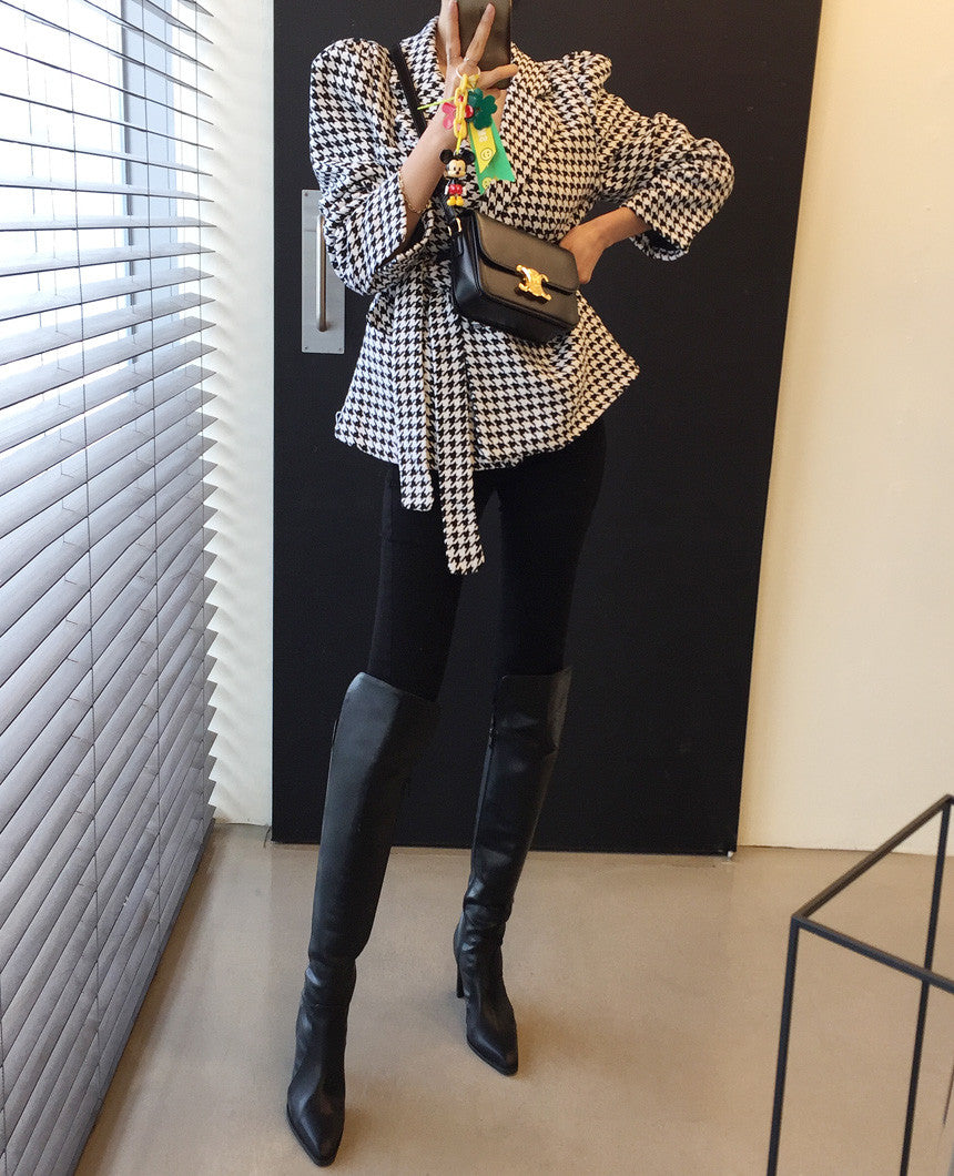 💕秋冬法式泡泡袖系帶收腰千島格大衣外套