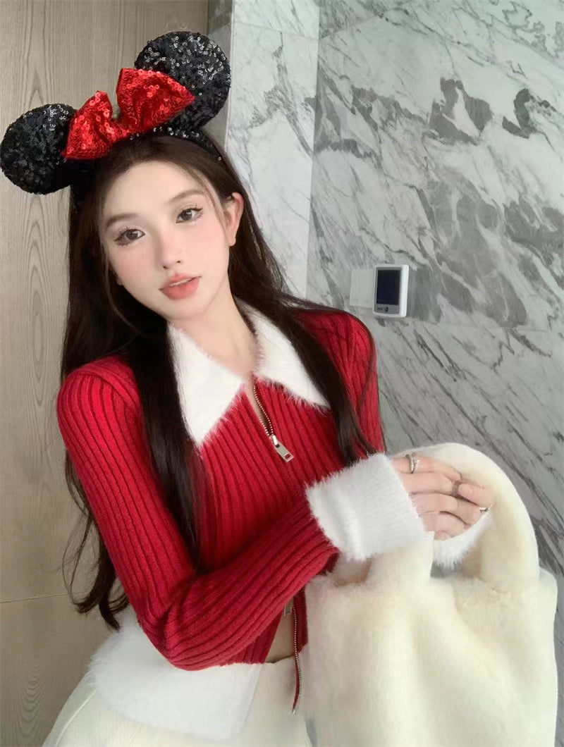 💕氣質短款polo毛毛領針織拉鍊修身上衣