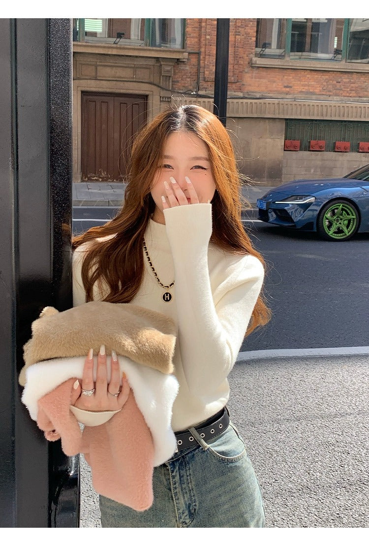 💕秋冬簡約內刷毛半高領別緻保暖上衣