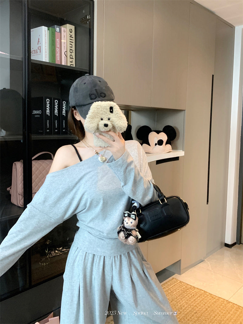 💕純御高彈斜肩長袖闊腿休閒褲套裝