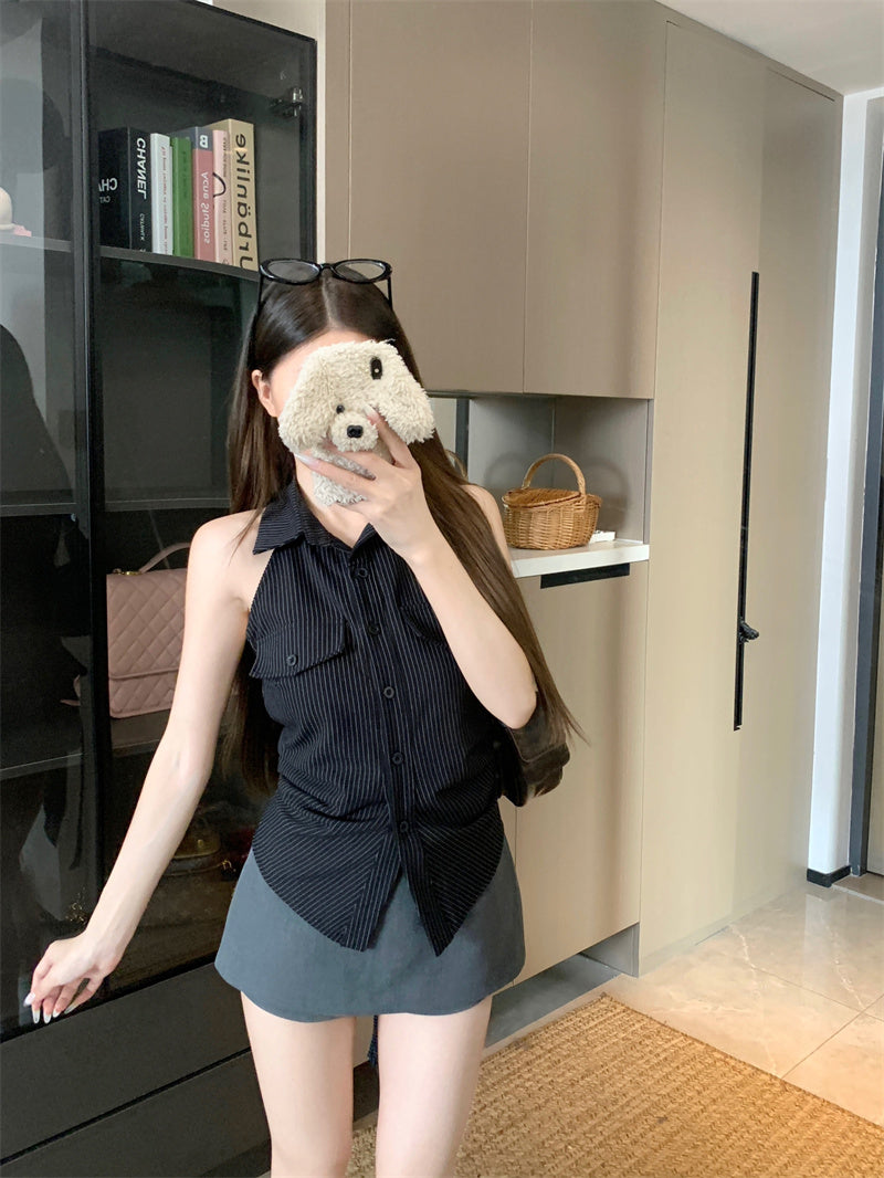 💕法式條紋露背收腰無袖上衣