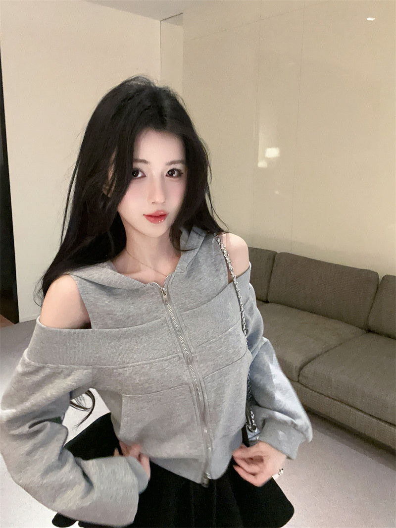 💕韓版個性露肩高檔連帽衛衣外套
