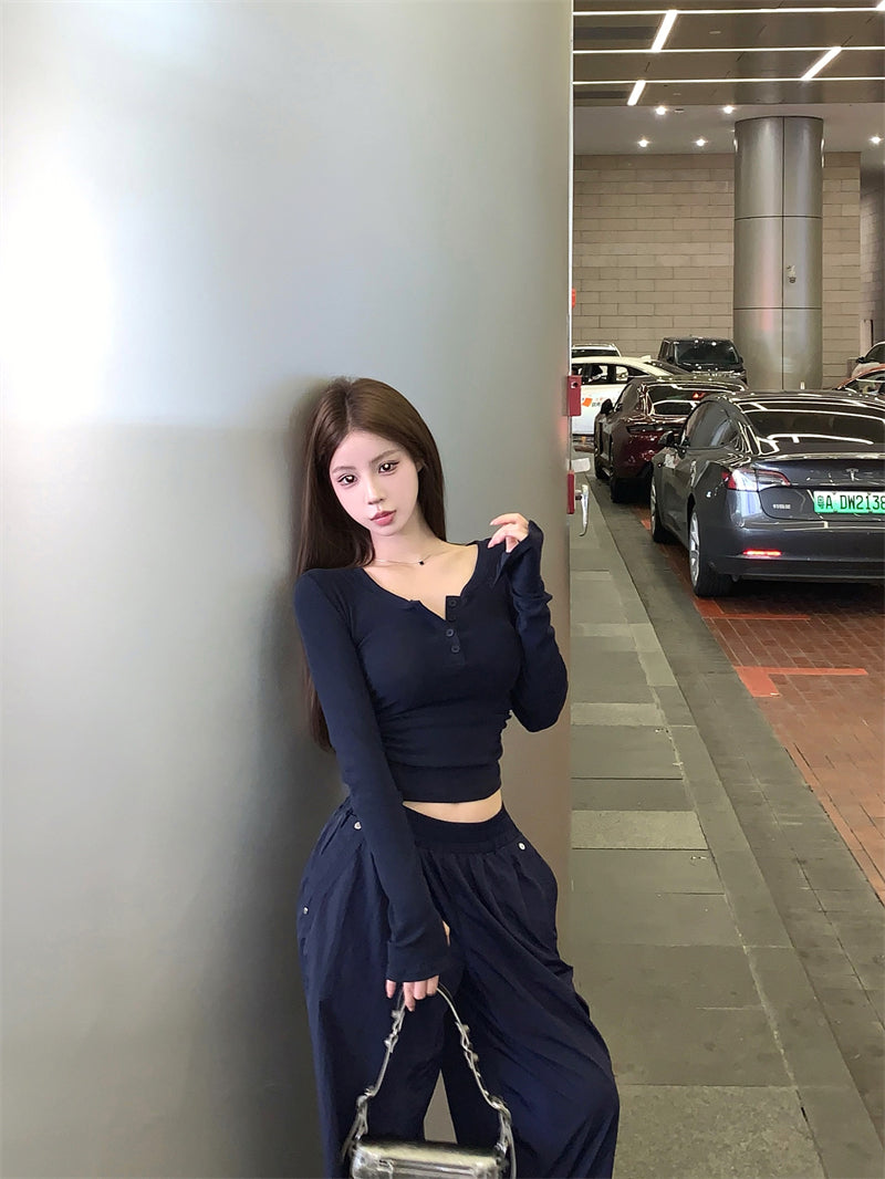 💕秋冬辣妹半高U領修身褶皺短磨毛內搭打底上衣