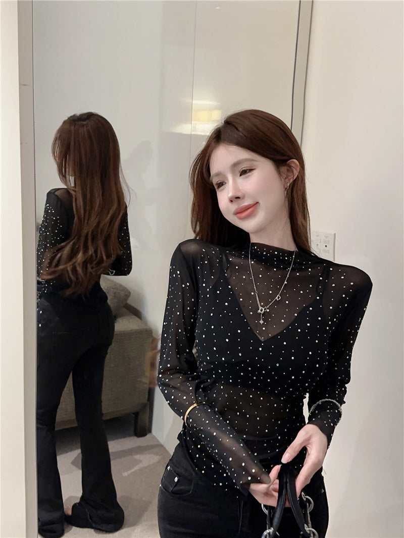 💕黑色薄紗重工燙鑽透視緊身顯瘦上衣