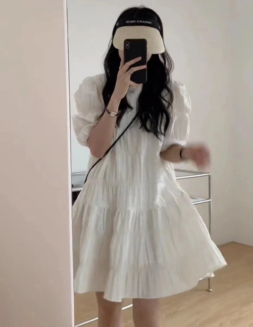 💕慵懶氣質小眾褶皺泡泡袖法式連衣裙