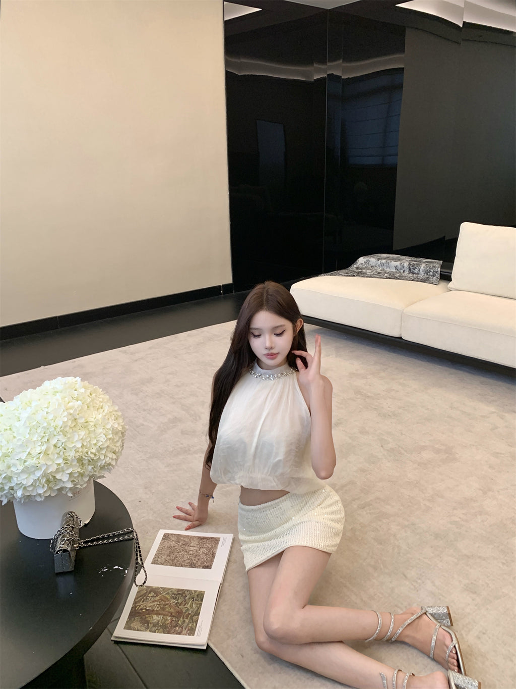 💕夏季高級氣質感掛脖花苞上衣珠片半身裙兩件套