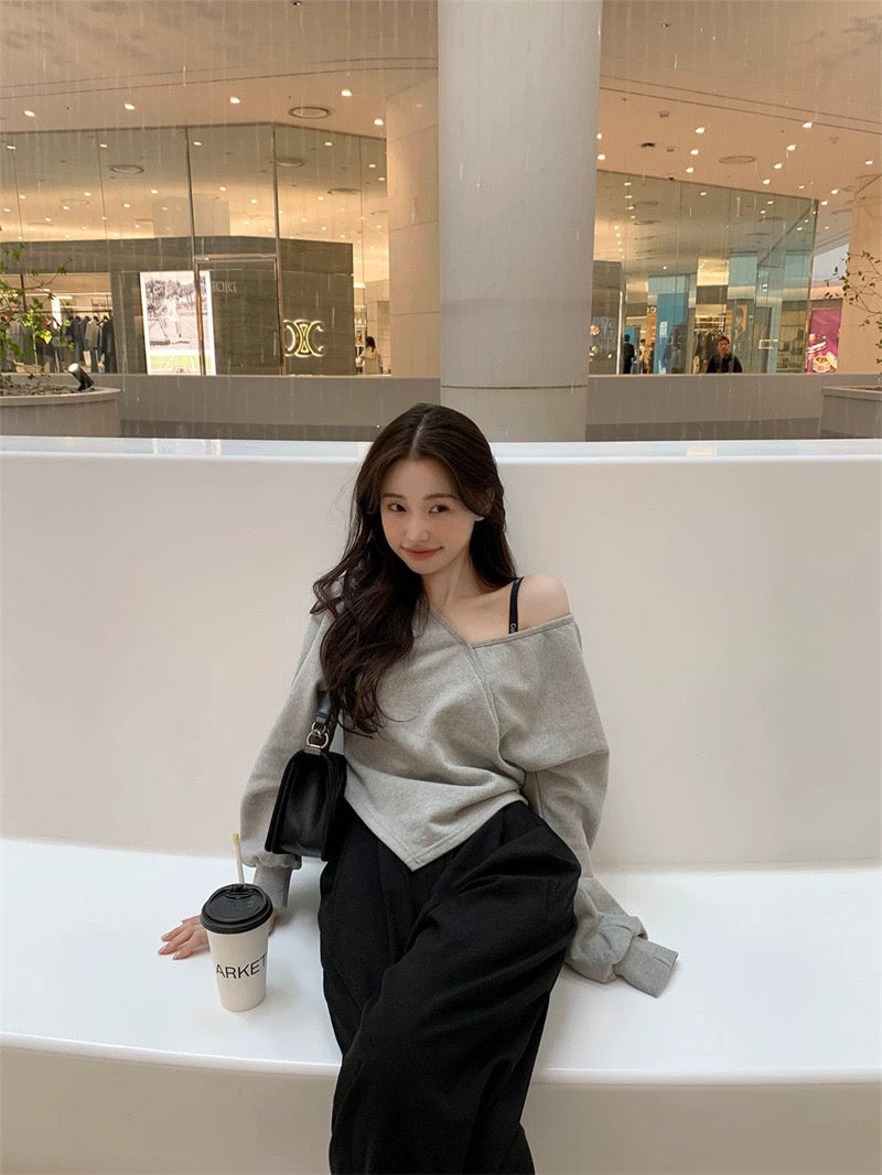 💕韓系露肩不規則休閒純色衛衣