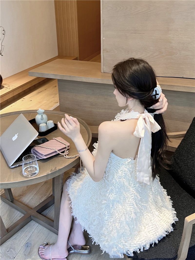 💕流蘇露背掛脖連身裙