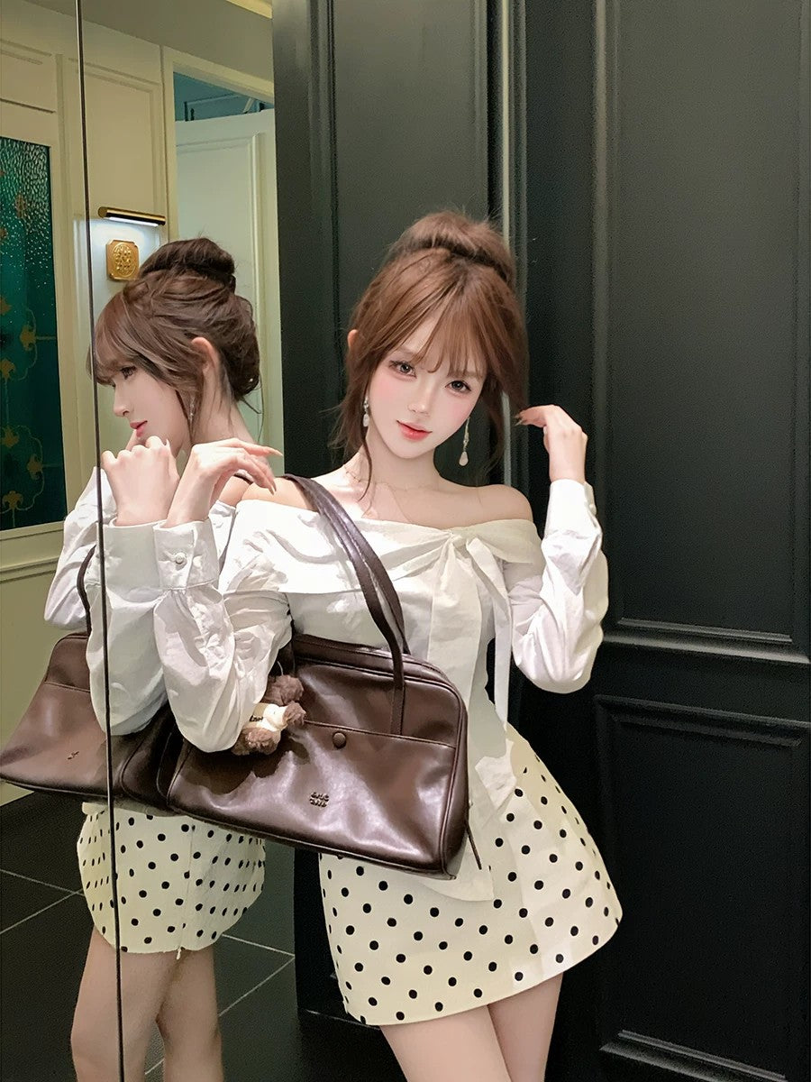 💕chic韓系一字領不規則上衣點點短裙套裝