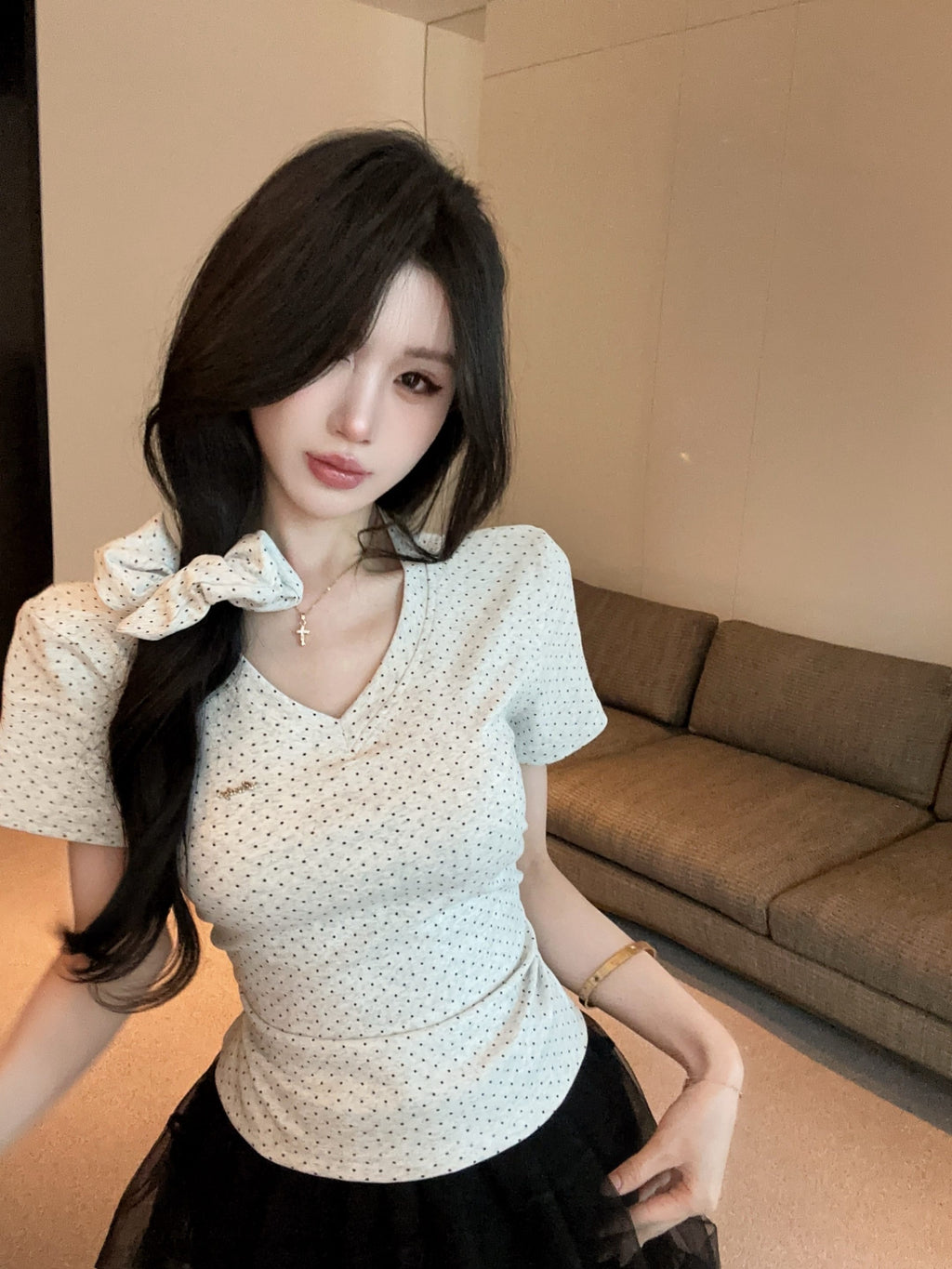 💕氣質星星點點V領短袖上衣