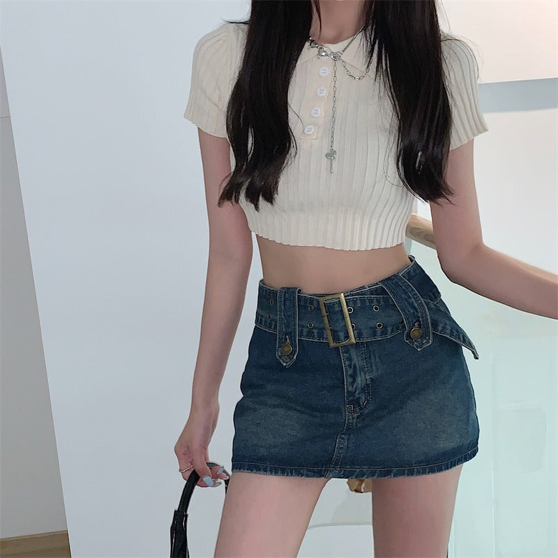 💕美式性感復古小口袋拉鍊開衩牛仔短褲裙