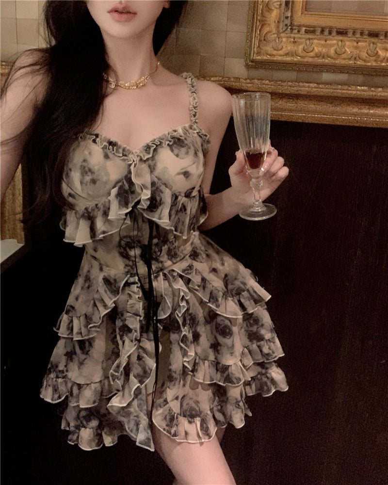💕溫柔系水墨碎花小眾雪紡吊帶連衣裙