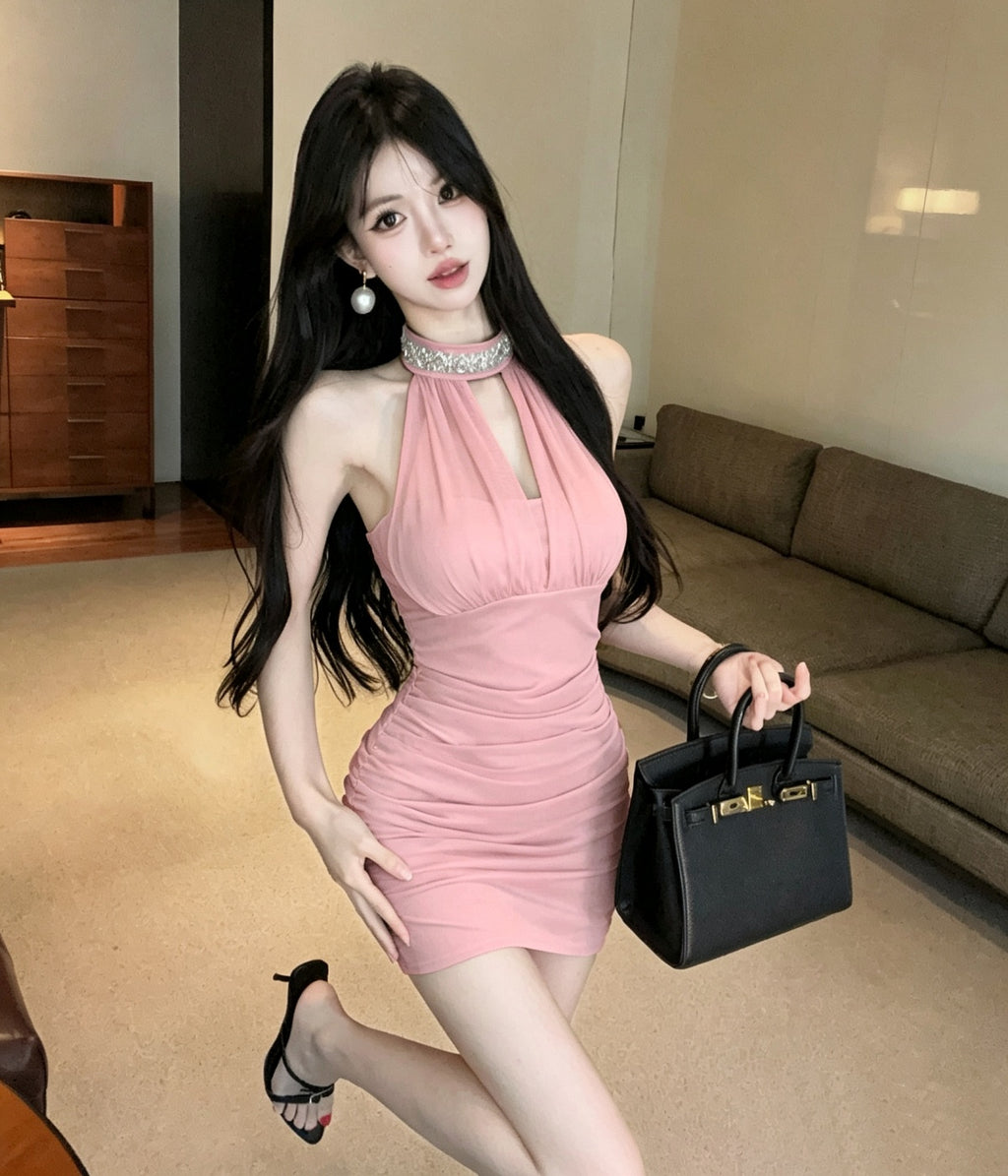💕純御皺褶釘珠掛脖無袖包臀連身裙