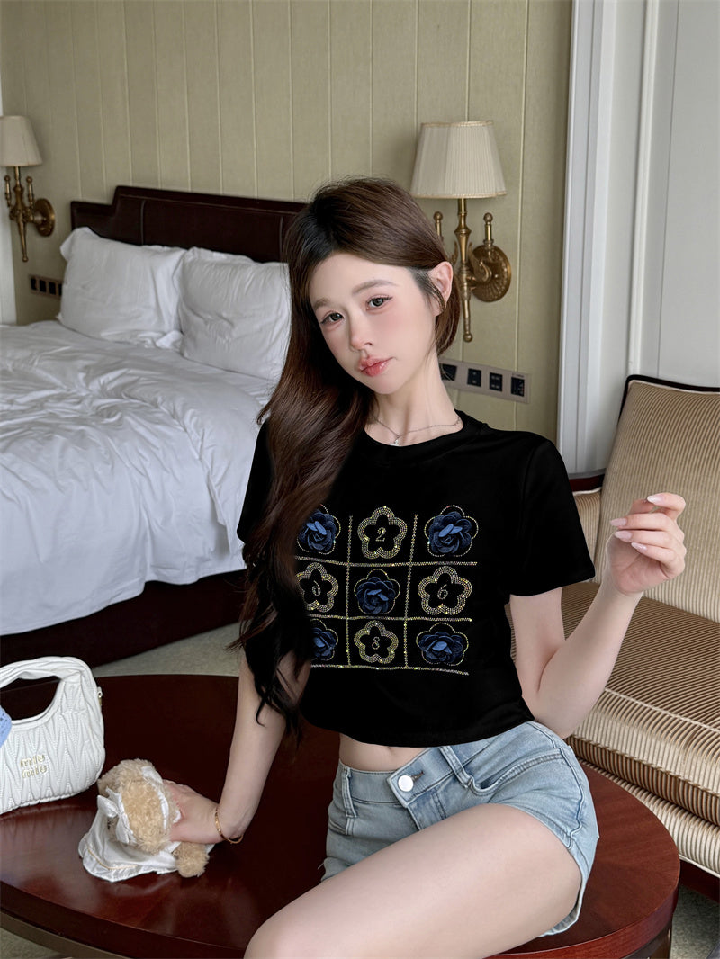💕韓系立體花朵裝飾燙鑽短袖上衣