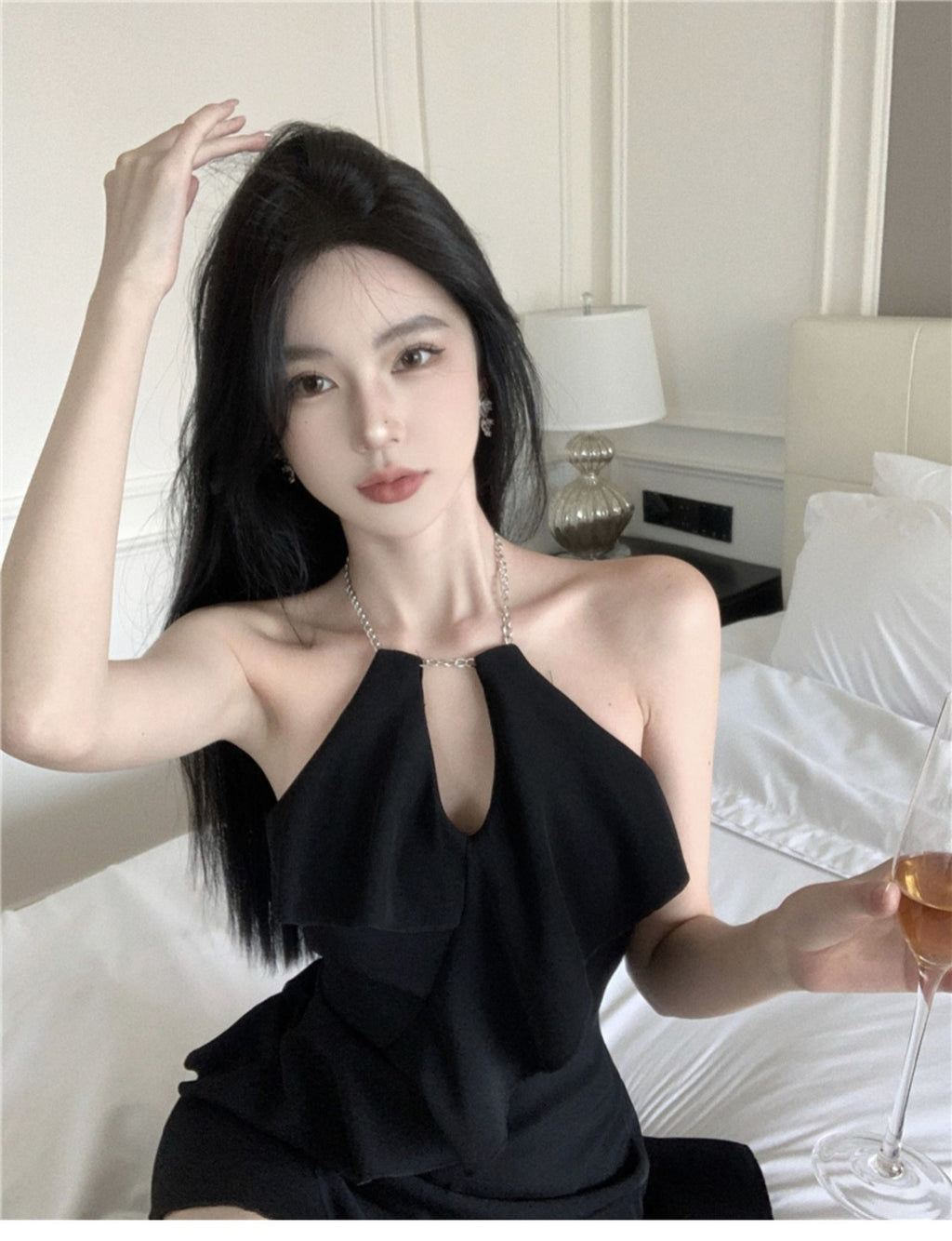 💕法式赫本風荷葉邊掛脖吊帶連衣裙