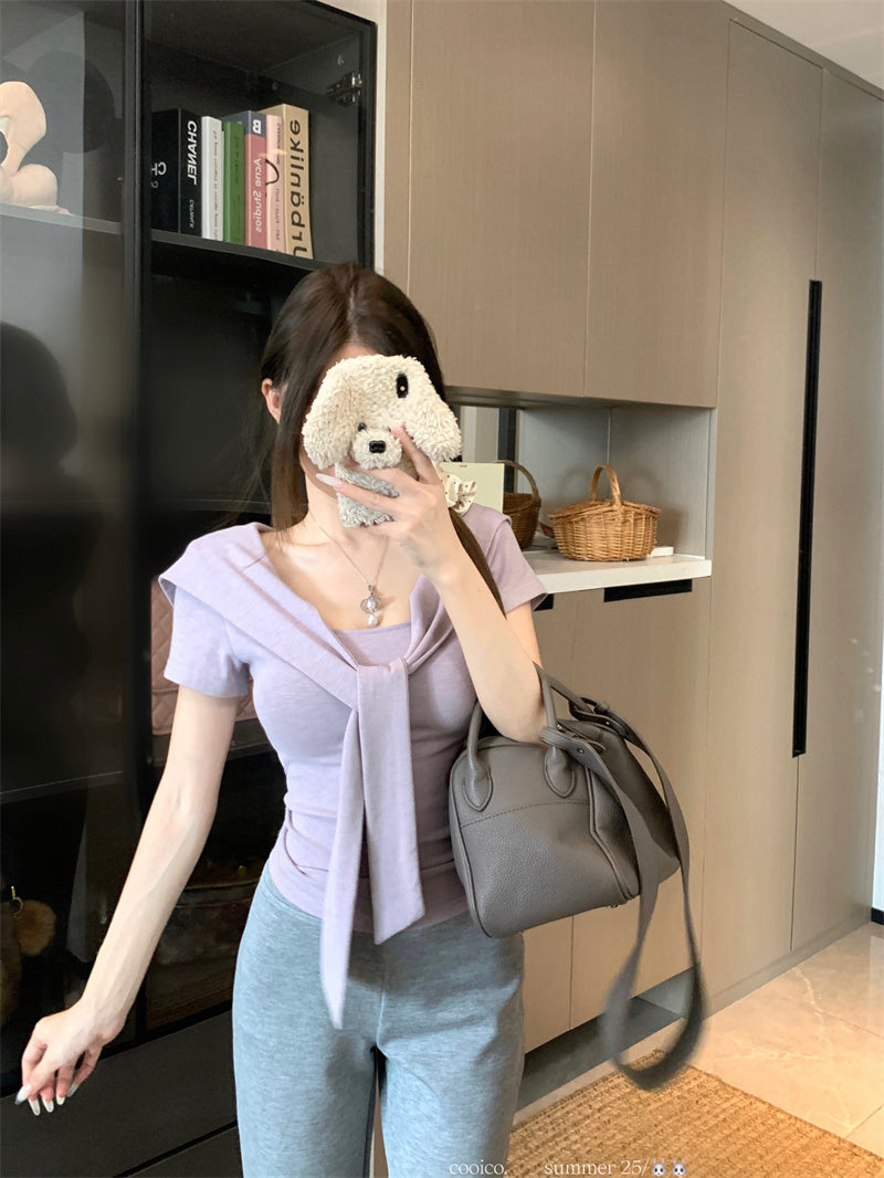 💕夏季綁帶方領短袖通勤百搭套裝